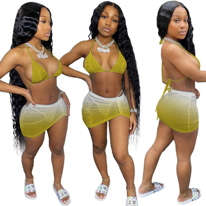 Adogirl Gradient Color Bikini Three Piece Set Spaghetti Strap Bra Crop Top + Mini Skirts + Panties Sport Beach Swimsuit XS-XL