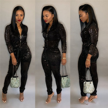Adogirl S-3XL Gilding Women Jumpsuit Christmas Zipper Turtleneck Long Sleeve Fashion Casual Romper Club Party Overalls Jumper