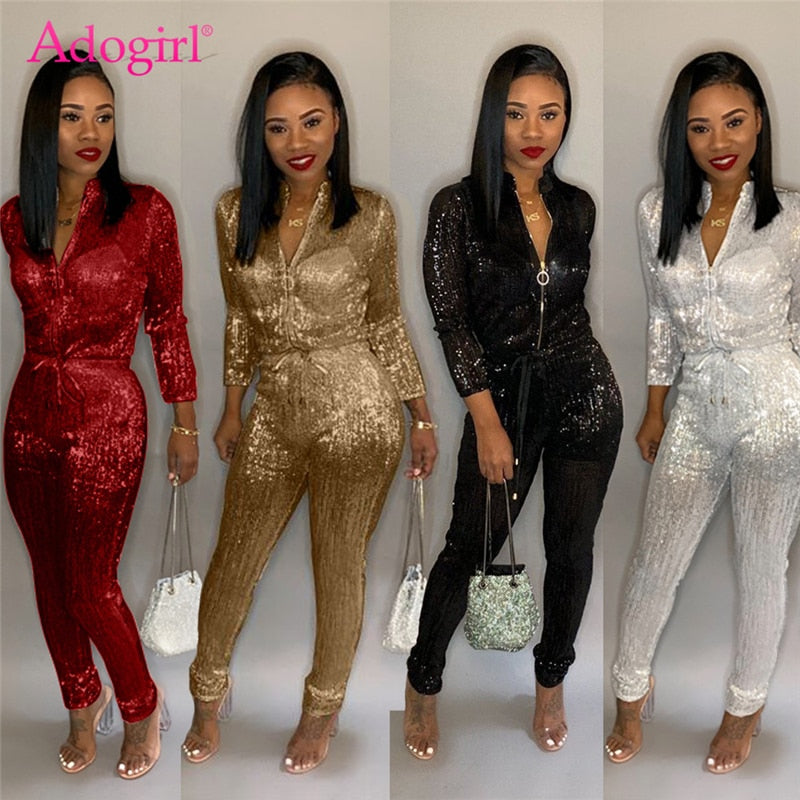 Adogirl S-3XL Gilding Women Jumpsuit Christmas Zipper Turtleneck Long Sleeve Fashion Casual Romper Club Party Overalls Jumper