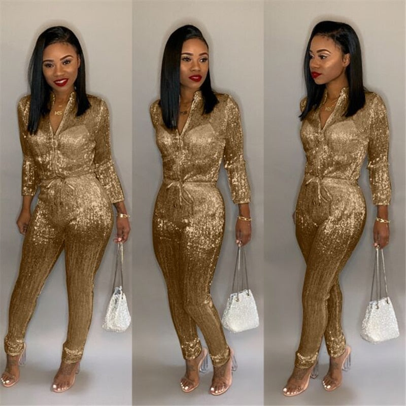 Adogirl S-3XL Gilding Women Jumpsuit Christmas Zipper Turtleneck Long Sleeve Fashion Casual Romper Club Party Overalls Jumper