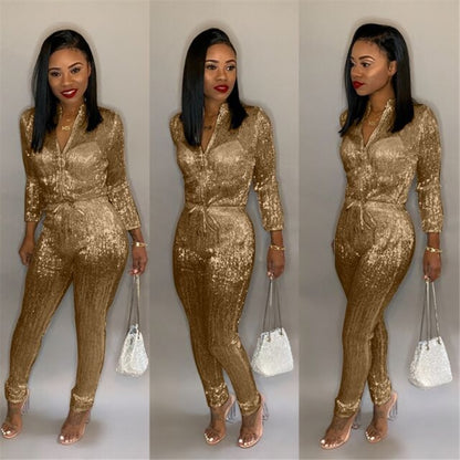 Adogirl S-3XL Gilding Women Jumpsuit Christmas Zipper Turtleneck Long Sleeve Fashion Casual Romper Club Party Overalls Jumper