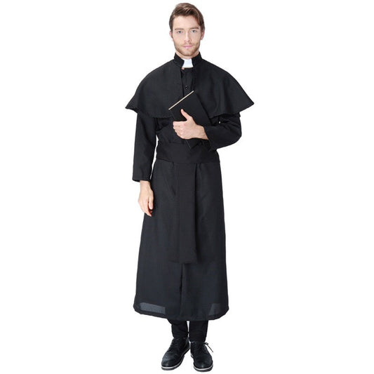 Adult Men Halloween Churchman Clergy Christian Costume Black Gown Robe Cape Shawl Religious Cassocks Clothing Prayer Plus Size
