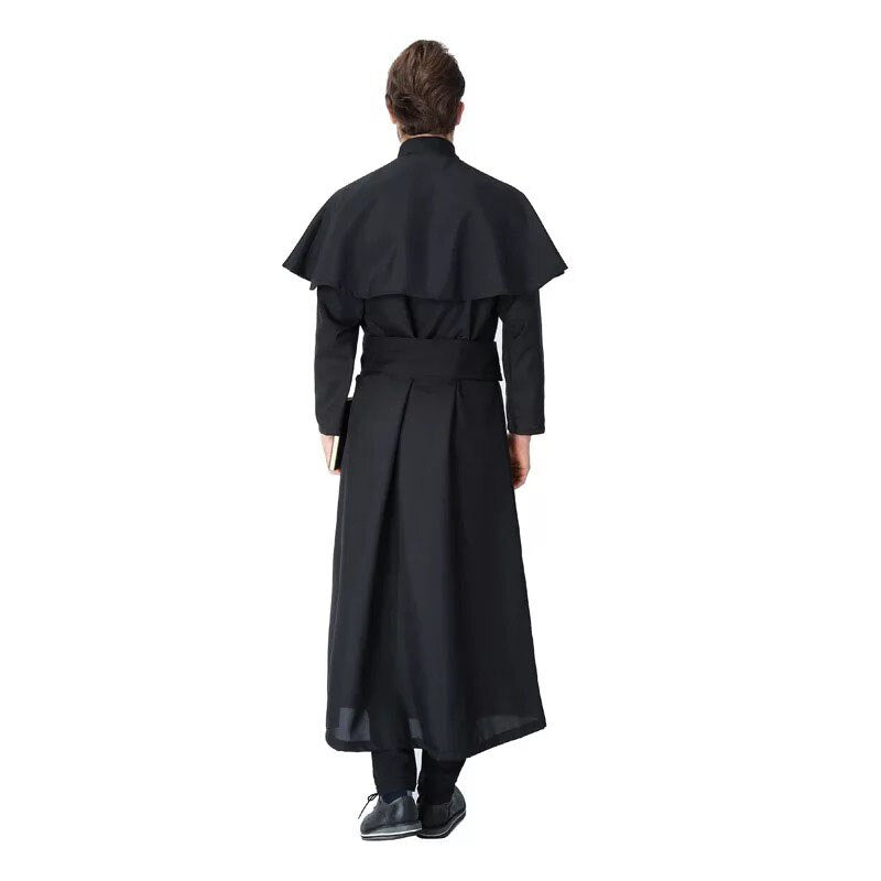 Adult Men Halloween Churchman Clergy Christian Costume Black Gown Robe Cape Shawl Religious Cassocks Clothing Prayer Plus Size