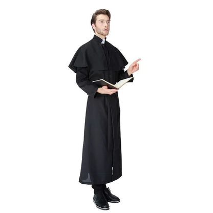 Adult Men Halloween Churchman Clergy Christian Costume Black Gown Robe Cape Shawl Religious Cassocks Clothing Prayer Plus Size