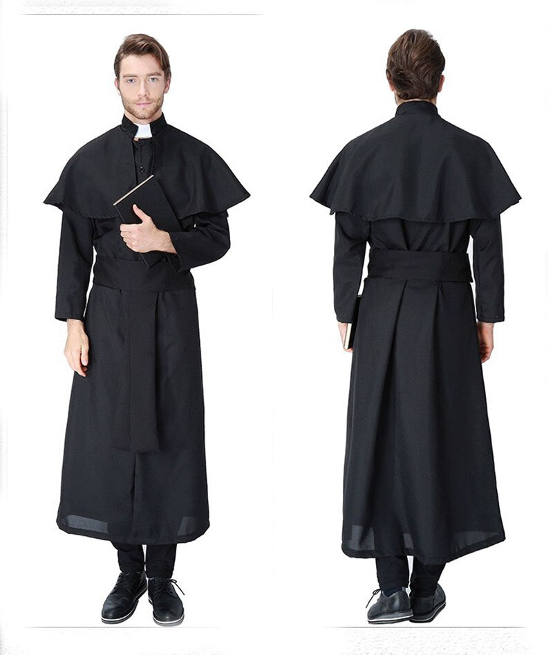 Adult Men Halloween Churchman Clergy Christian Costume Black Gown Robe Cape Shawl Religious Cassocks Clothing Prayer Plus Size