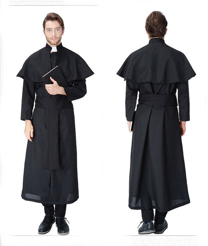 Adult Men Halloween Churchman Clergy Christian Costume Black Gown Robe Cape Shawl Religious Cassocks Clothing Prayer Plus Size