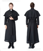 Load image into Gallery viewer, Adult Men Halloween Churchman Clergy Christian Costume Black Gown Robe Cape Shawl Religious Cassocks Clothing Prayer Plus Size
