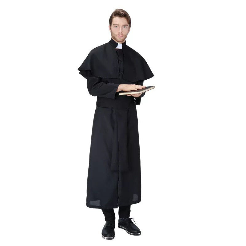 Adult Men Halloween Churchman Clergy Christian Costume Black Gown Robe Cape Shawl Religious Cassocks Clothing Prayer Plus Size