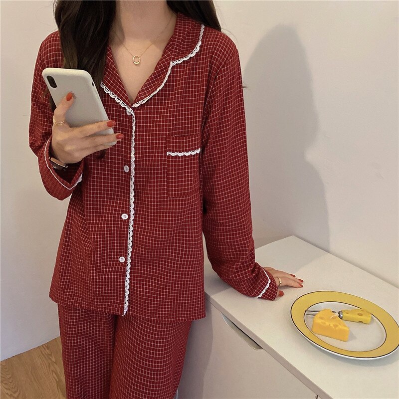 Alien Kitty Loose Nightwear High Quality Sweet 2021 Hot Oversize Plaid Homewear Stylish Lace Chic Suits Casual Pajamas Sets