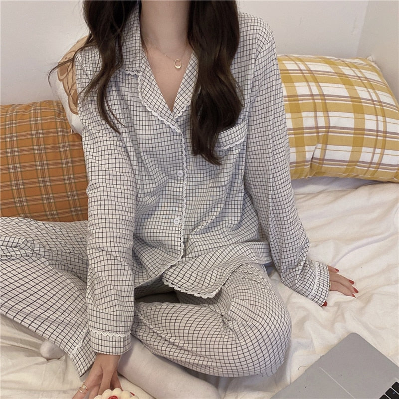 Alien Kitty Loose Nightwear High Quality Sweet 2021 Hot Oversize Plaid Homewear Stylish Lace Chic Suits Casual Pajamas Sets