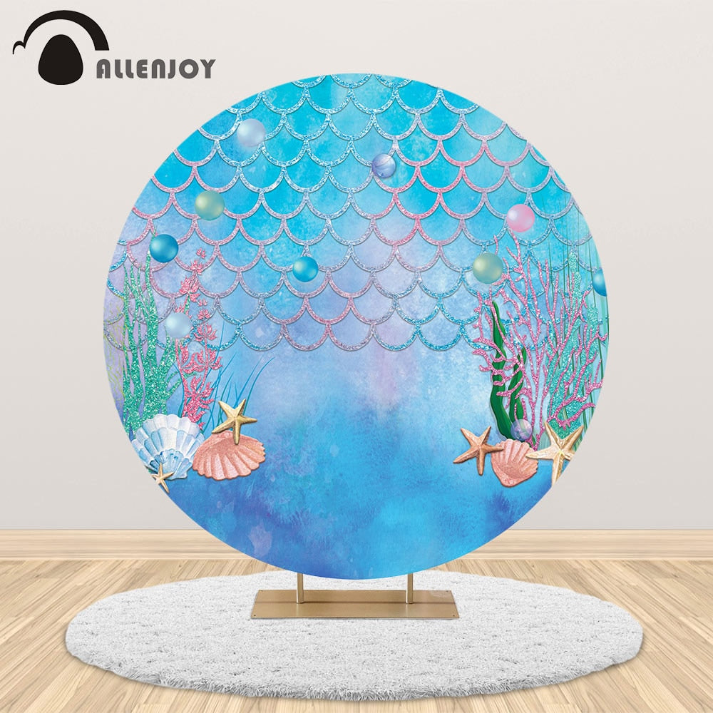 Allenjoy Mermaid birthday party round backdrop under the sea baby shower Aquatic plant fish scale customize circle cover banner
