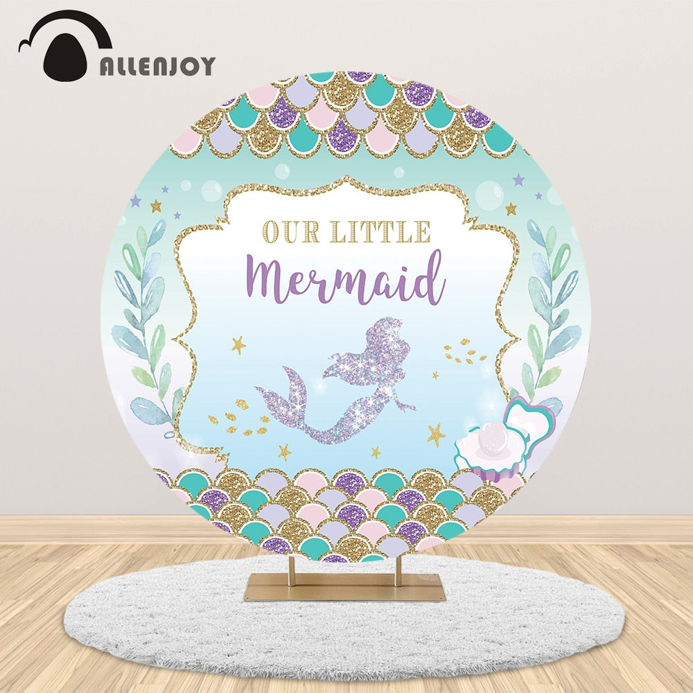 Allenjoy Mermaid birthday party round backdrop under the sea baby shower Aquatic plant fish scale customize circle cover banner