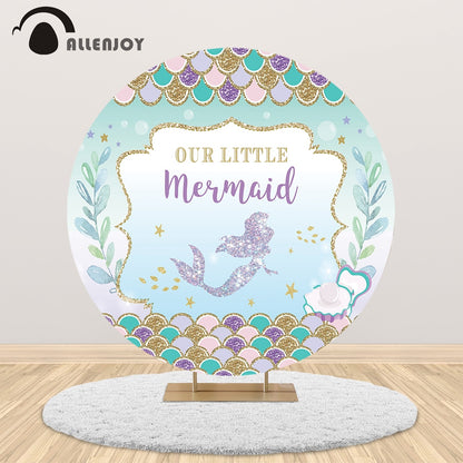 Allenjoy Mermaid birthday party round backdrop under the sea baby shower Aquatic plant fish scale customize circle cover banner