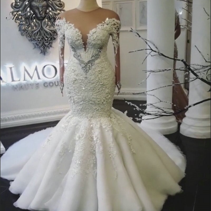 Amanda Design Custom Made O-Neck Full Sleeve Lace Appliques Crystal Shiny Wedding Dress Mermaid