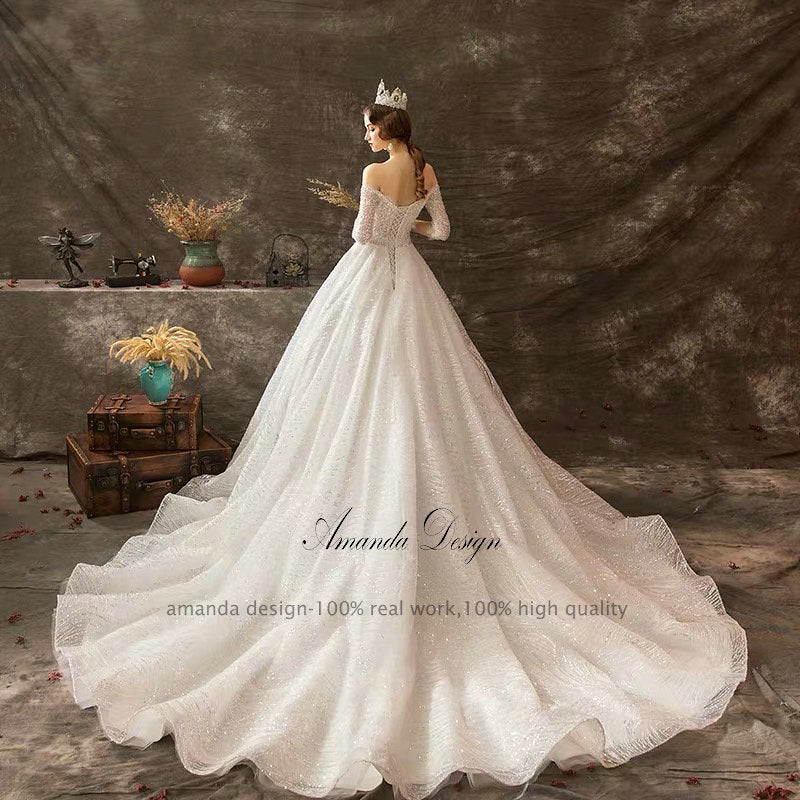 Amanda Design robe de mariee Off Shoulder Beading Three Quarter Sleeve Wedding Dress