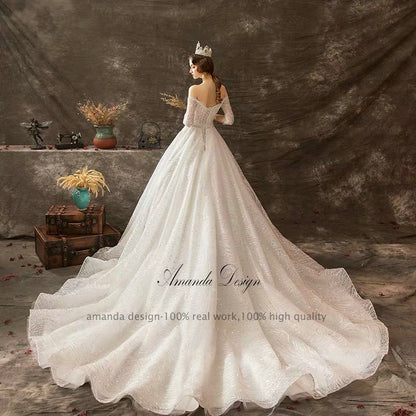 Amanda Design robe de mariee Off Shoulder Beading Three Quarter Sleeve Wedding Dress