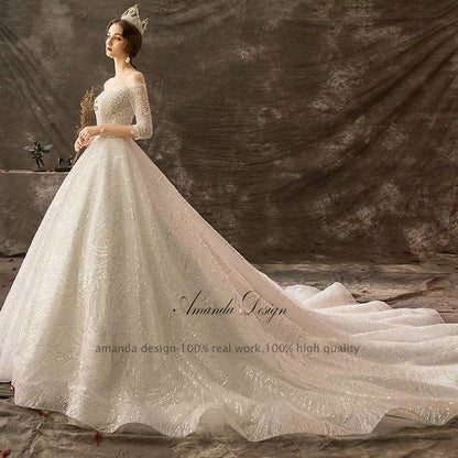 Amanda Design robe de mariee Off Shoulder Beading Three Quarter Sleeve Wedding Dress