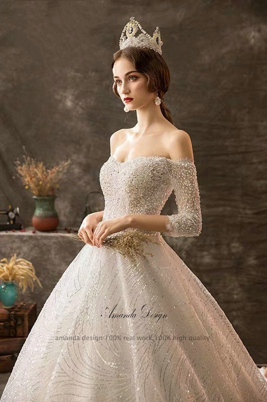 Amanda Design robe de mariee Off Shoulder Beading Three Quarter Sleeve Wedding Dress