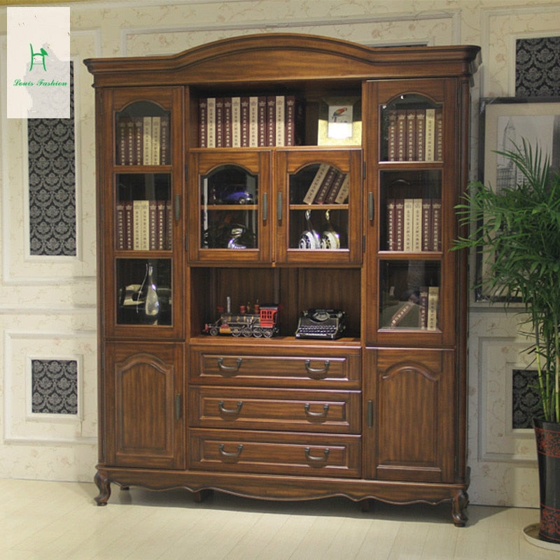 American country wood bookcase desk sets black walnut bookcase glass door cabinet European study furniture