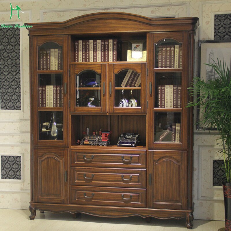 American country wood bookcase desk sets black walnut bookcase glass door cabinet European study furniture
