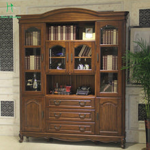 Cargar imagen en el visor de la galería, American country wood bookcase desk sets black walnut bookcase glass door cabinet European study furniture
