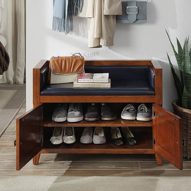 American-style Leather Solid Wood Shoe Cabinet For Changing Shoes And Stools