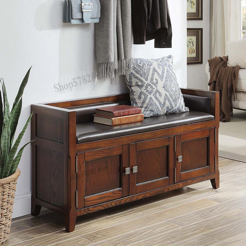 American-style Leather Solid Wood Shoe Cabinet For Changing Shoes And Stools