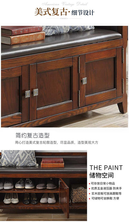 American-style Leather Solid Wood Shoe Cabinet For Changing Shoes And Stools