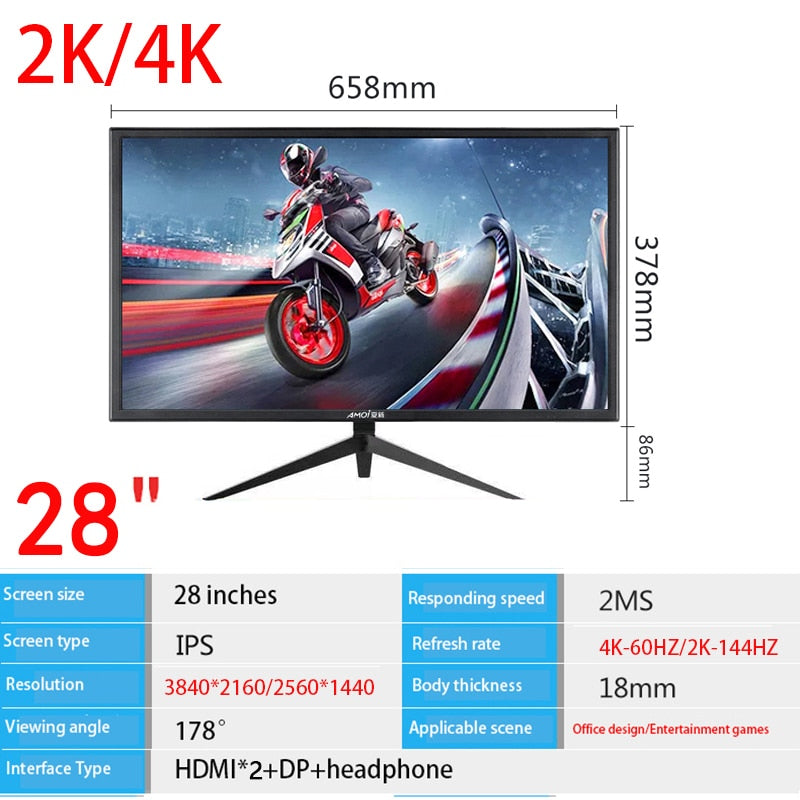 Amoi 2K 144HZ/4K 60HZ IPS monitor gamer 28 inch 3840 *2160 LCD monitor pc 60HZ Flat panel screen display monitors for deaktop