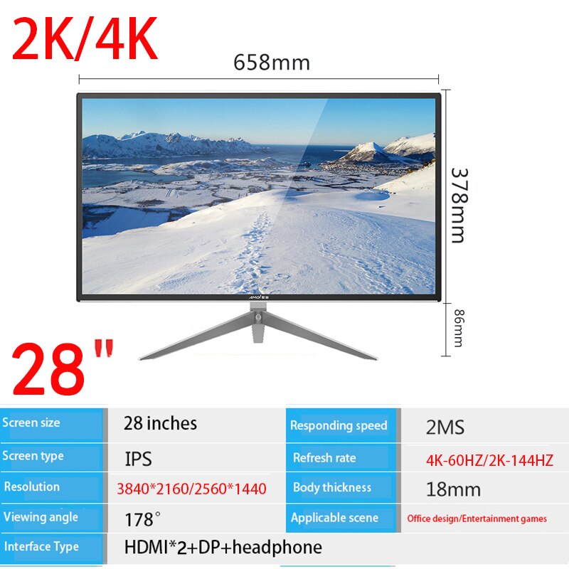 Amoi 2K 144HZ/4K 60HZ IPS monitor gamer 28 inch 3840 *2160 LCD monitor pc 60HZ Flat panel screen display monitors for deaktop