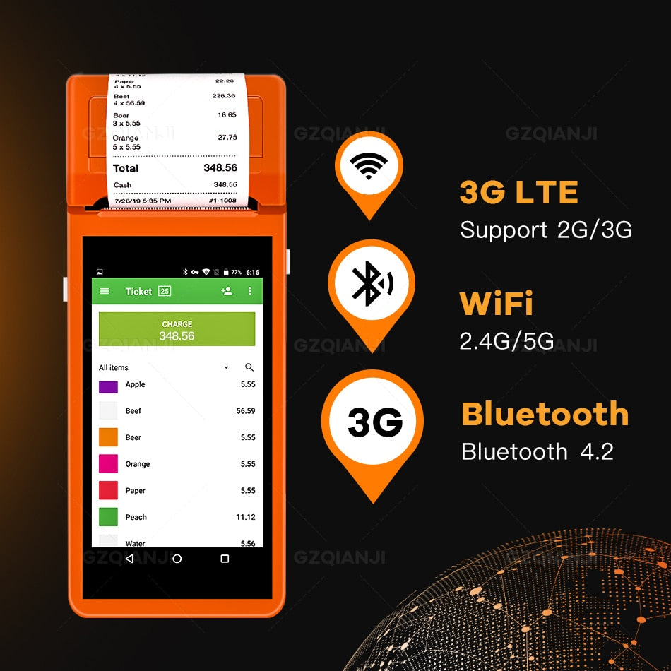 Android Wifi POS PDA Terminal 1D Barcode Scanner Reader Printer 58mm Thermal Receipt Bluetooth Rugged handheld Terminal Systems