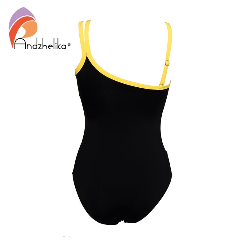 Andzhelika Sexy One Shoulder One Piece Swimsuit 2021 New Off Shoulder Mesh Patchwork Swimwear Bodysuit Bathing Suit Monokini