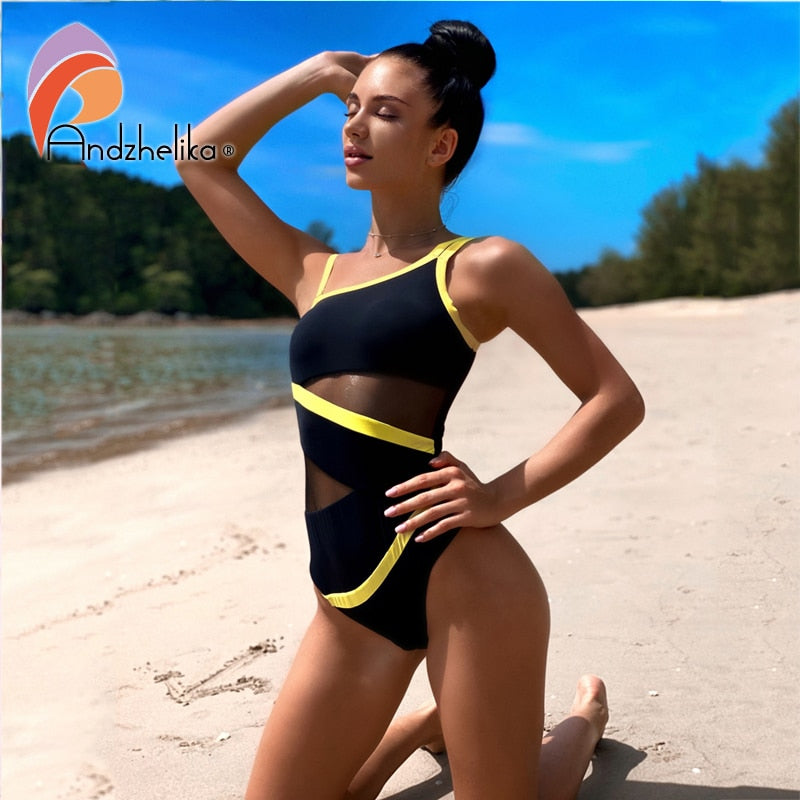 Andzhelika Sexy One Shoulder One Piece Swimsuit 2021 New Off Shoulder Mesh Patchwork Swimwear Bodysuit Bathing Suit Monokini