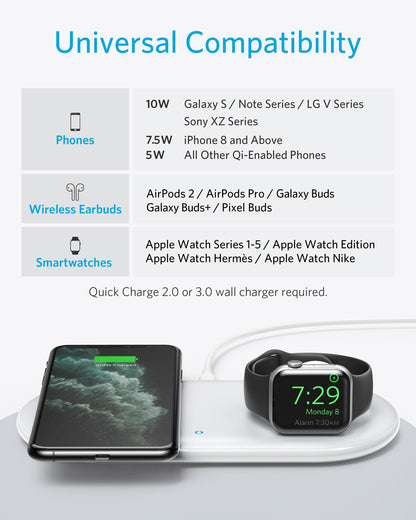 Anker Wireless Charging Station, 2 in 1 PowerWave+ Pad with Holder for Apple Watch 5/4/3/2, Wireless Charger for iPhone 11, Pro,