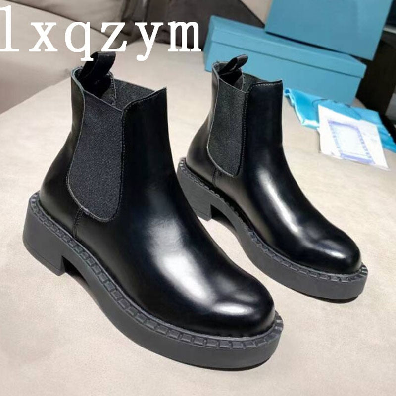 Ankle Boots Chelsea Women Genuine Cow Leather Platform Bootie Elastic Band Autumn Winter Ladies Shoes Handmade Brand Design