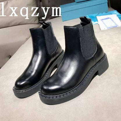 Ankle Boots Chelsea Women Genuine Cow Leather Platform Bootie Elastic Band Autumn Winter Ladies Shoes Handmade Brand Design