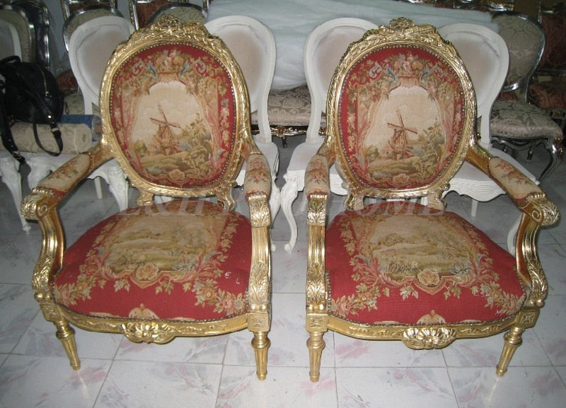 Antique Set of sofa and chairs, Antique handmade living room furniture, Aubusson sofa cover, woolen material Artificial carving