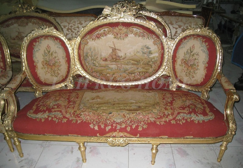 Antique Set of sofa and chairs, Antique handmade living room furniture, Aubusson sofa cover, woolen material Artificial carving