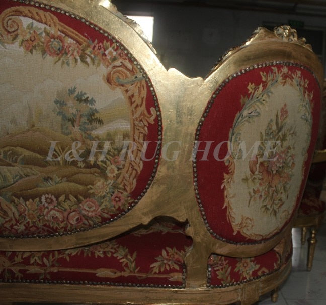 Antique Set of sofa and chairs, Antique handmade living room furniture, Aubusson sofa cover, woolen material Artificial carving