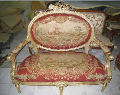 Antique Set of sofa and chairs, Antique handmade living room furniture, Aubusson sofa cover, woolen material Artificial carving