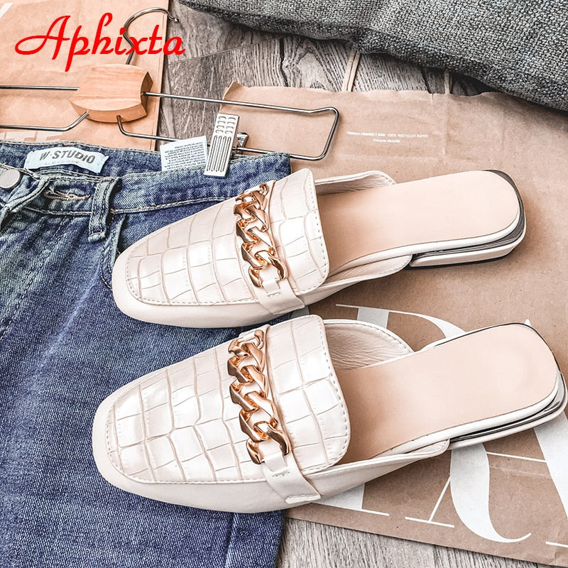 Aphixta 2021 New Chain Mules Women Slides Square Toe Ladies Striped Shoes Summer Fashion Footwear Plus Big Size 43 Slippers