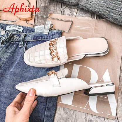 Aphixta 2021 New Chain Mules Women Slides Square Toe Ladies Striped Shoes Summer Fashion Footwear Plus Big Size 43 Slippers