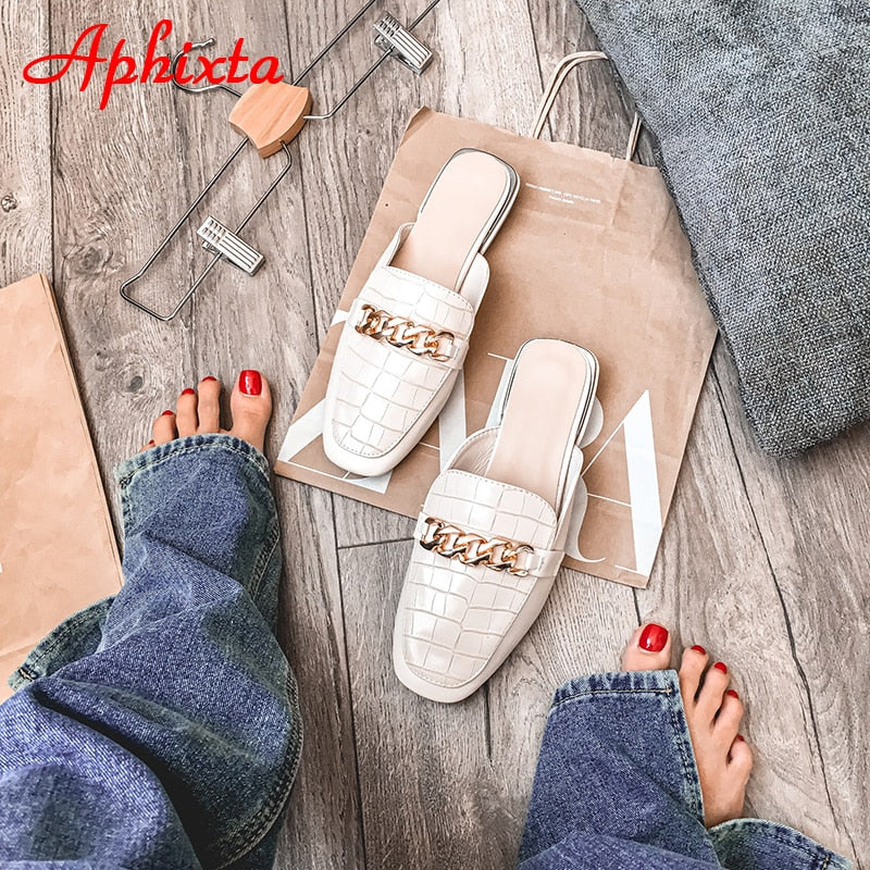 Aphixta 2021 New Chain Mules Women Slides Square Toe Ladies Striped Shoes Summer Fashion Footwear Plus Big Size 43 Slippers