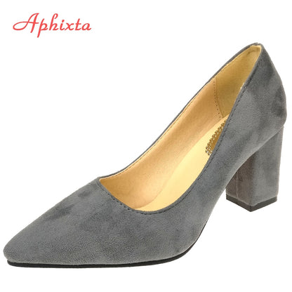 Aphixta Shoes Square Heel Women Pointed Toe Pumps Fashion Gray High Heels Flock Leather Black Party Shoes Plus Big size 47 48 50
