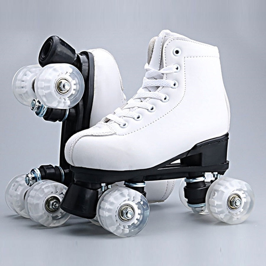 Artificial Leather Roller Skates Double Line Skates Women Men Adult Two Line Skating Shoes Patines With White PU 4 Wheels