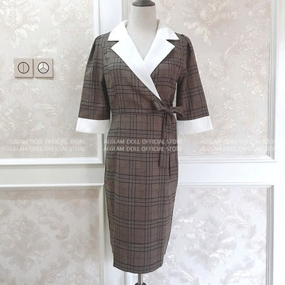 Notched Vintage Plaid Dress Bowknot Half Sleeve Knee-Length Bodycon Pencil Office Work Cloth Dress