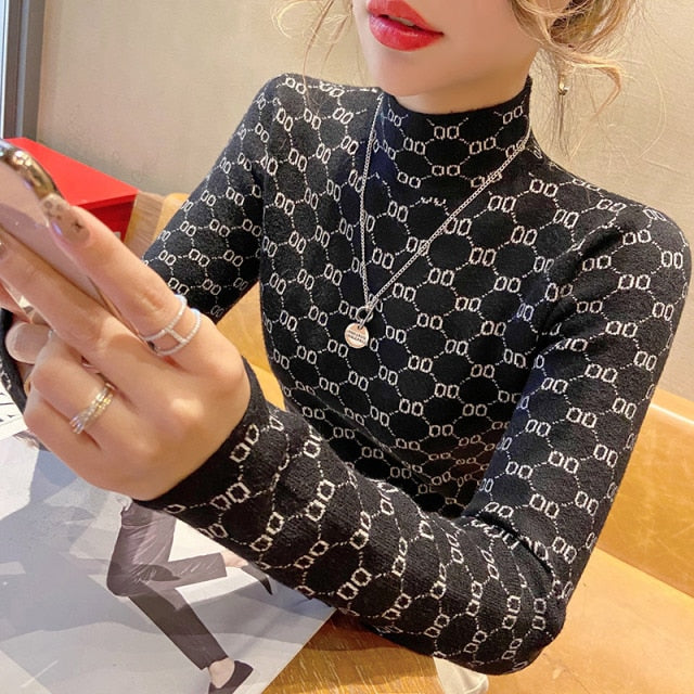 Women's Rib-Knit Stretchable Turtleneck Luxury Pull Sweater Letter O Warm Knitted Pullovers Y2k Jumper Tops