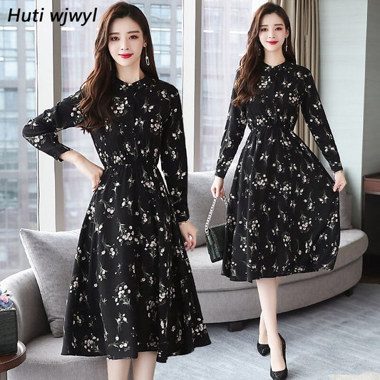 Autumn Winter Black Vintage Floral Chiffon Midi Dress Plus Size Boho Dresses 2019 Elegant Women Party Long Sleeve Dress Vestidos