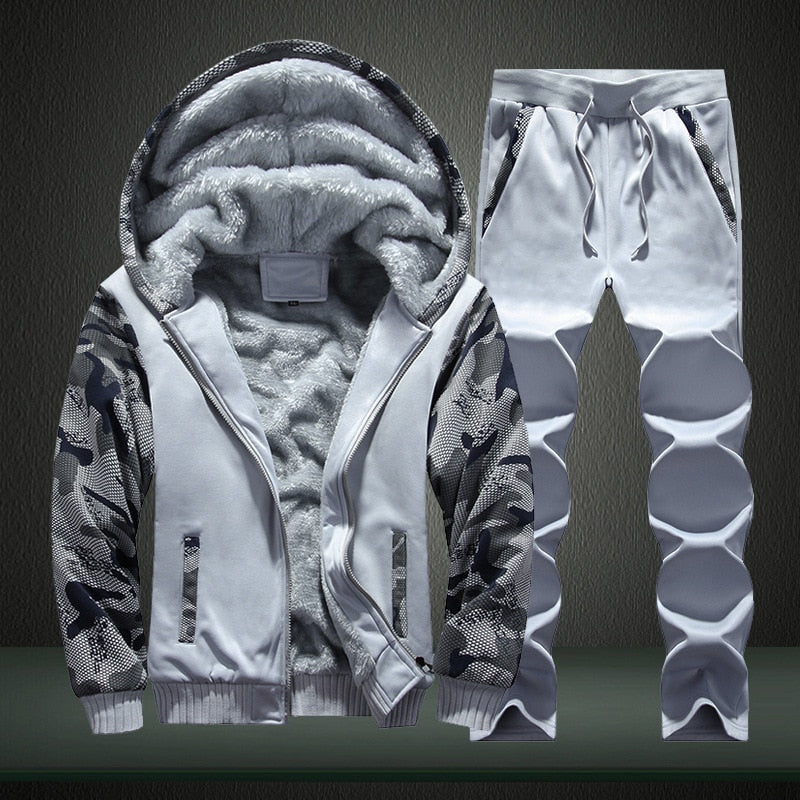 Autumn & Winter Plus Velvet Men's Sports Camouflage Two-Piece Set Men's Casual Thick Warm Coat Men'S Wear