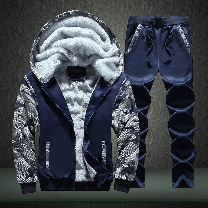 Autumn & Winter Plus Velvet Men's Sports Camouflage Two-Piece Set Men's Casual Thick Warm Coat Men'S Wear